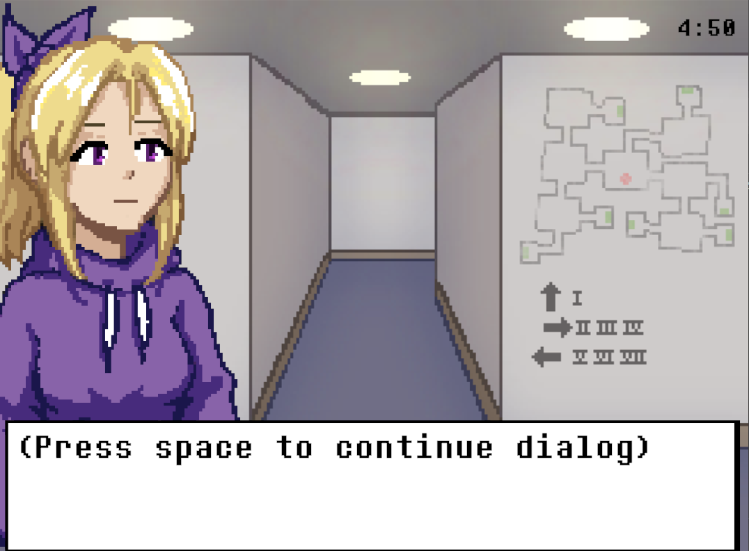 An in game character and a text box containing the words press space to continue dialog